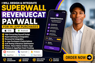 design and integrate paywall, superwall, revenuecat, and subscription website