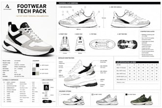 create premium shoe tech pack, footwear design, sneaker tech pack for production