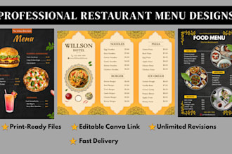 design a professional restaurant menu, food menu, or cafe menu