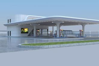 renew 3d gas station exterior, fuel station,ev car parking,petrol station render