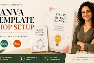 setup etsy shop, design digital products with canva, etsy seo listing