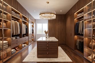 design walk in closet, wardrobe, millwork cabinet, 2d floor plan and 3d render