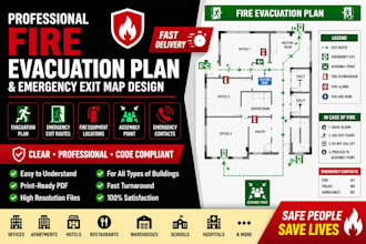 design professional fire evacuation plan, emergency exit map and safety plan