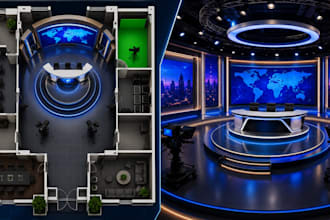 design 2d floor plan, 3d stage design, TV studio, indoor and outdoor layout