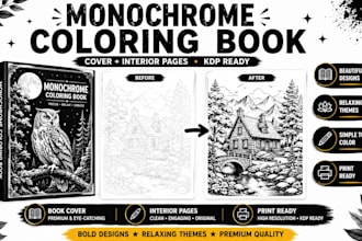 design custom monochrome kids coloring pages for amazon KDP print book or etsy