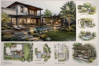 design modern 3d landscape outdoor space, garden pergola and technical drawings