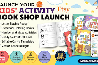 launch etsy kids activity books shop, letter tracing, preschool coloring books