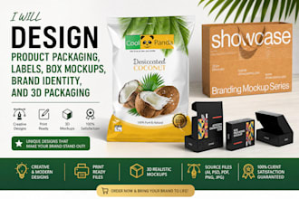 design product packaging, labels, box mockups, brand identity, and 3d packaging