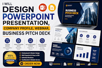 design powerpoint presentation, company profile, webinar, business pitch deck