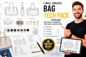 create bag tech pack design, backpack, handbag, tote bag and duffle bag tech
