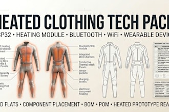 fashion tech pack, flat sketch for wearable ble wifi, heated clothing prototype