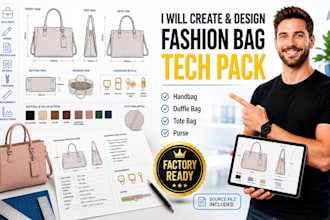 create and design fashion bag tech pack, handbag and duffle bag, tote bag, purse