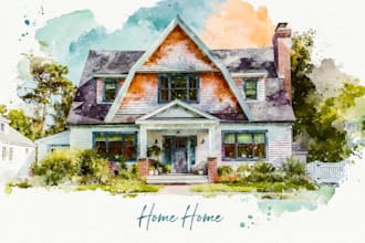 paint custom digital watercolor house, home building portrait illustrations