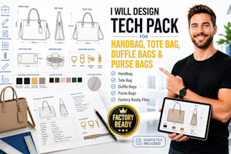 design tech pack for handbag, totebag, duffle bags and purse bags