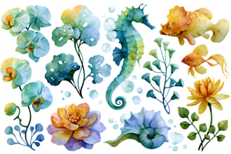 draw watercolor clipart, set of illustrations