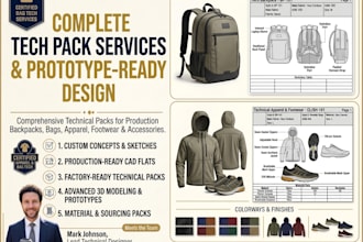 complete tech packs for production backpacks, bag, clothings, shoe and prototype