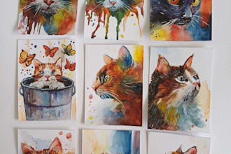 draw a custom cute cat watercolor illustration on a mini card