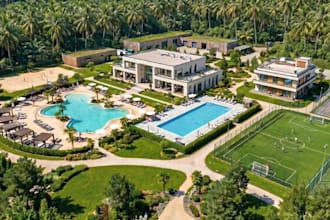high end 3d beach hotel villa, tropical beachfront,poolside setups,cabana design