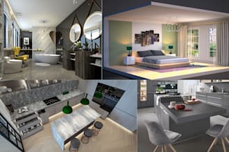 do 3d interior design and 3d realistic rendering for kitchen, bathroom, bedroom