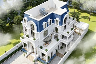 modernize neo classical villa,terraced building,dramatic floor,balcony rendering