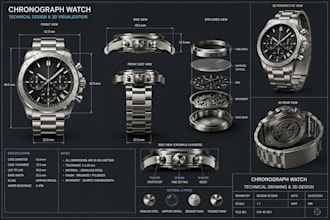 do realistic industrial 3d watch product design 3d rendering, 2d watch sketchup