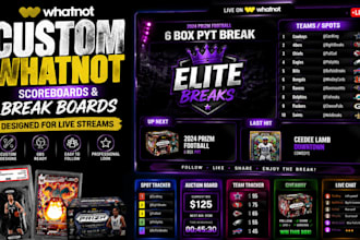 design custom whatnot scoreboards and card break boards for live streams