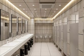 design a modern public restroom, toilet block, washroom facility in 3d