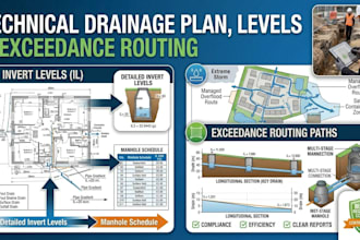 design a technical drainage plan including invert levels and exceedance routing