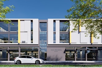 enhance 3d office building exterior, coworking space,glass facade, cgi rendering