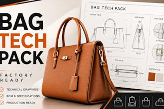 design bag tech pack, tote handbag techpack, technical drawing for manufacturing