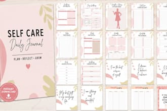 design self care daily journal, planner guided workbook, printable, amazon kdp