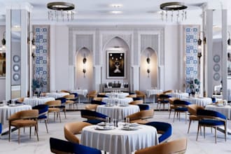 3d classic restaurant interior, coffee shop design, hospitality build rendering