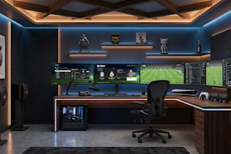 design 3d gaming room, studio, podcast, isometric room, streaming room renders