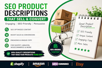 write SEO product descriptions for shopify, amazon, and woo commerce