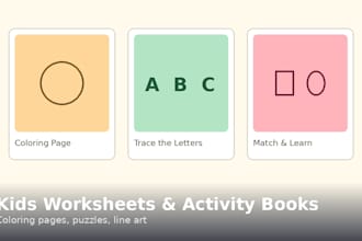 create educational kids activity books, worksheets, and line art
