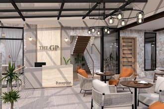 render 3d modern hospitality building, restaurant  ground floor, cgi sports bar