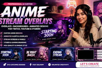 design anime stream overlays, anime backgrounds, and animated twitch overlays