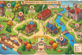 design custom illustrated map, vector map, site map, and fantasy game map