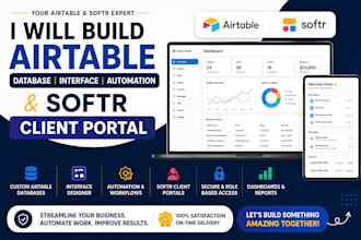 build airtable database, interface, automation softr client portal