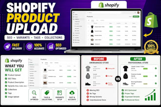 upload shopify products with SEO, variants, collections and tags