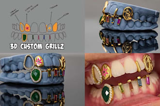 design 3d grillz cad rings, pendant, diamond iced out teeth jewelry rendering