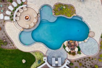 design modern landscape, garden, backyard, patio, pool, site plan 3d renderring
