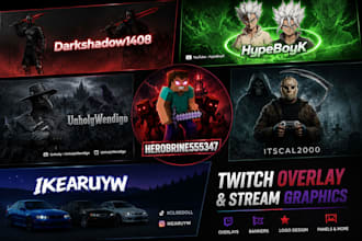 design twitch stream overlay, logo, panels, and alerts