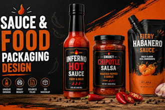 design hot sauce bottle label, sauce label and food packaging for brands