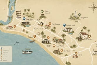 custom illustrated map for tourism, parks, resorts, campsite