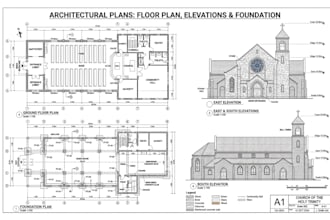 design church architectural plan, floor plan, elevations and foundation drawing