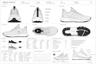 create shoe tech pack footwear tech pack,technical flats and spec sheet with bom