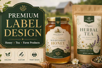 design honey jar label and herbal tea pouch label for organic farm product brand