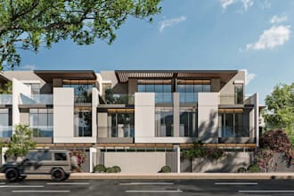 modern townhouse cgi visual, real estate property,gated community site rendering
