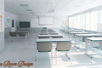 design 3d classroom, school interior, learning space, educational space design